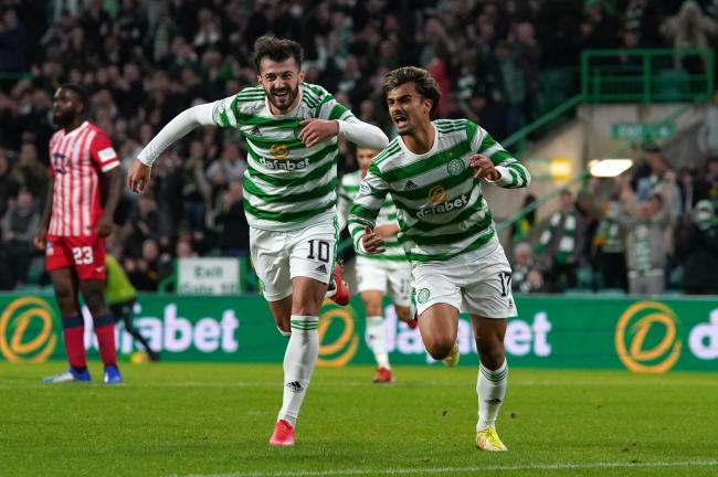 Joao Jota celebrates after breaking the deadlock for Celtic against Raith Rovers.