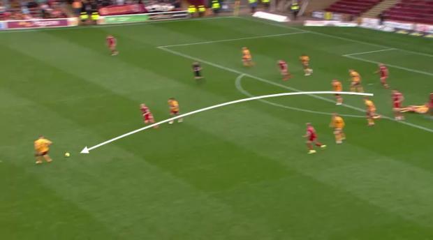 Celtic Way: Motherwell clear the ball to Van Veen after an Aberdeen attack breaks down