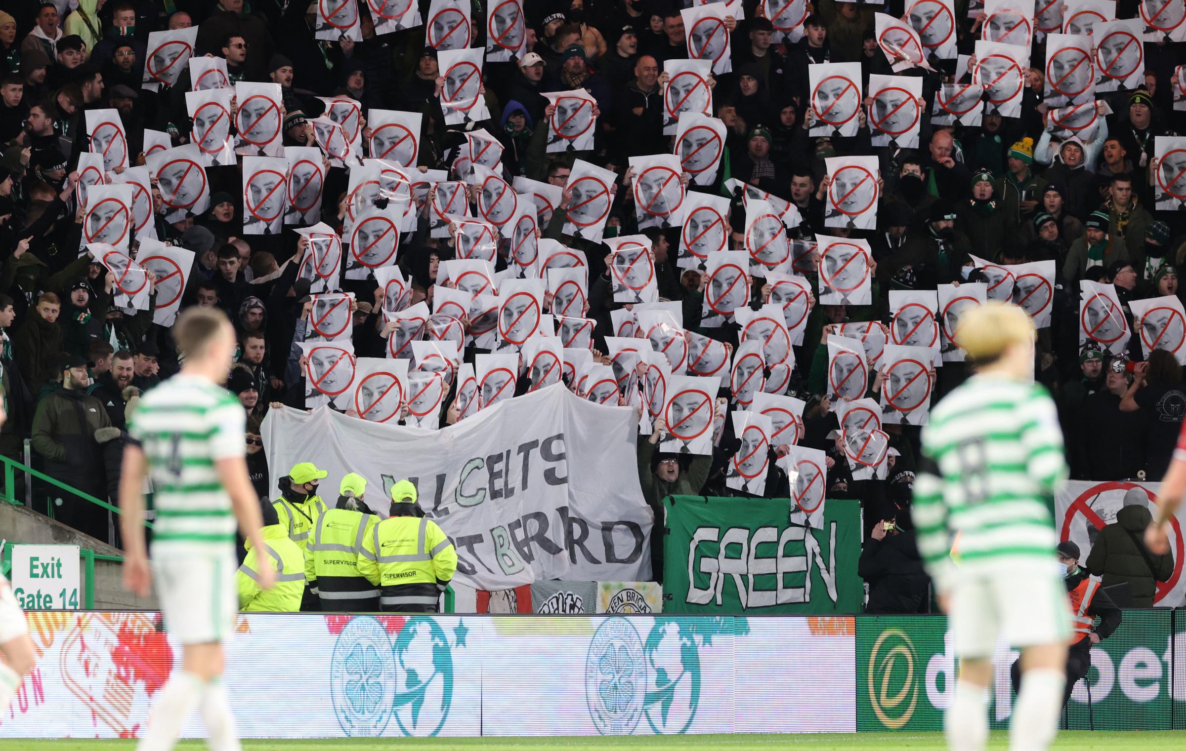 Celtic Way: Fans protest during the Aberdeen game, with a sit-in staged after the match too