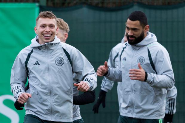 Alistair Johnston, left, in Celtic training with Cameron Carter-Vickers at Lennoxtown
