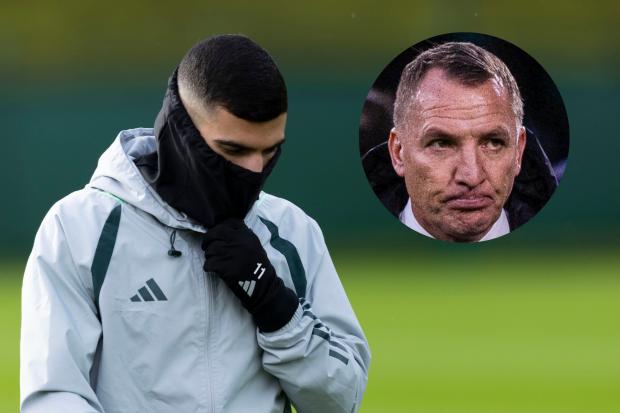 Celtic winger Liel Abada in training at Lennoxtown,main picture, and Parkhead manager Brendan Rodgers, inset