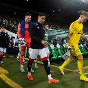 Rangers and Celtic come out of the tunnel at Parkhead