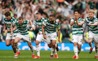 The Celtic players celebrate the shootout win
